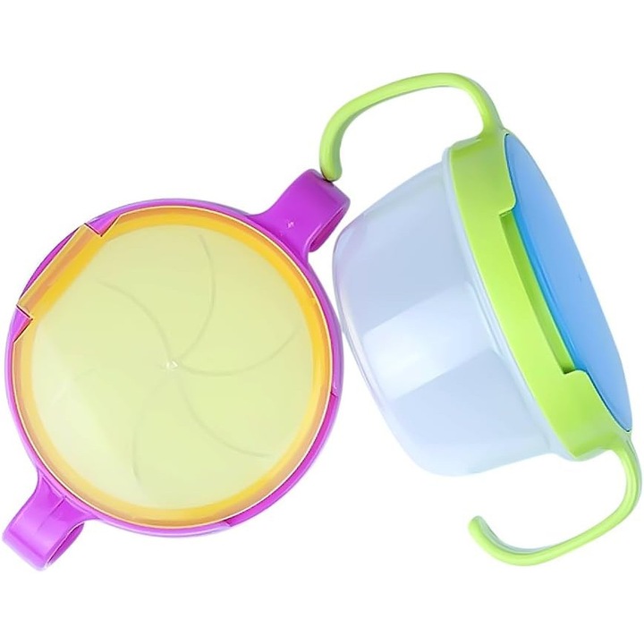 Bol pentru gustari bebelusi si copii, 360 rotativ, anti-scurgere cu flapsuri moi, cu doua manere, Multicolor, 1 buc