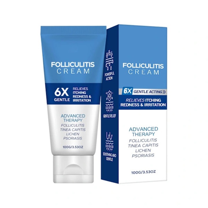 Crema pentru foliculita, crema tratament cu actiune calmanta si blanda, reduce mancarime, roseata si iritatie, pentru scalp, fata si corp, albastru/alb, 100g