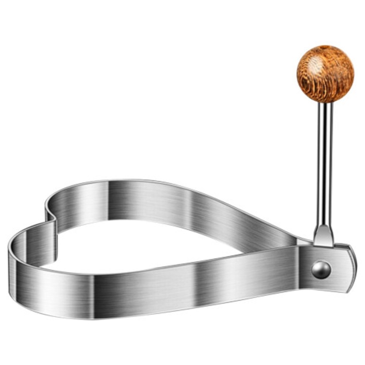Inel pentru oua / forma pentru prajit, din otel inoxidabil 316, maner din lemn, antiaderent, set 2 bucati, modele variate (rotund, stea, inima, floare), argintiu