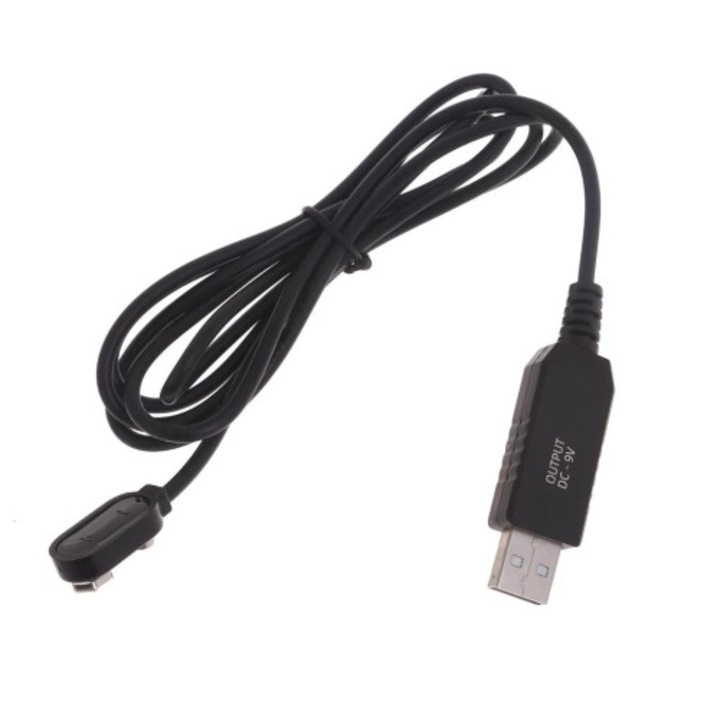 USB-ről 9V-ra töltőkábel akkumulátorokhoz, piros és zöld LED jelzővel, 1.5 m, műanyag, fekete, 1 db