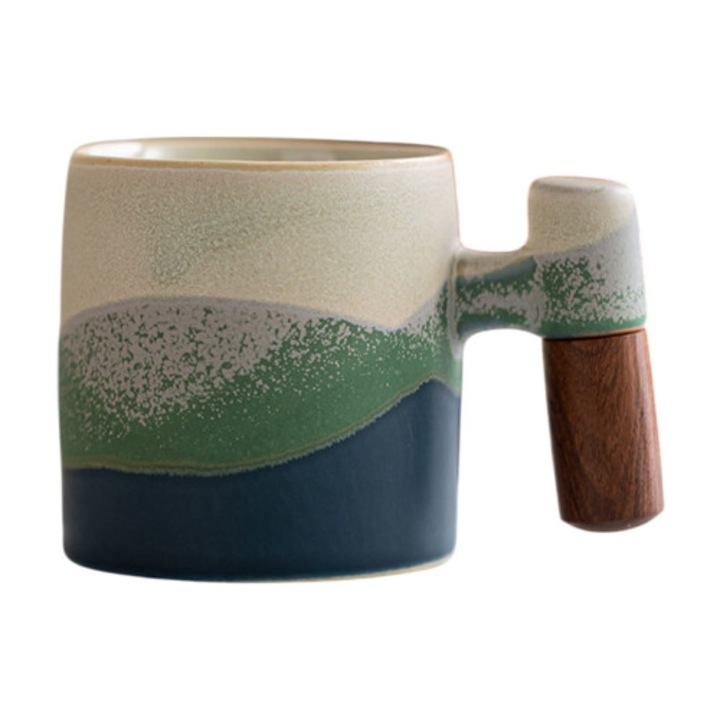 Ceasca espresso/Cana mica ceramica cu maner din lemn, stil japonez, glazura gradient, rezistenta la temperaturi inalte, lavabila la masina de spalat, multicolor, 60 ml, 1 buc
