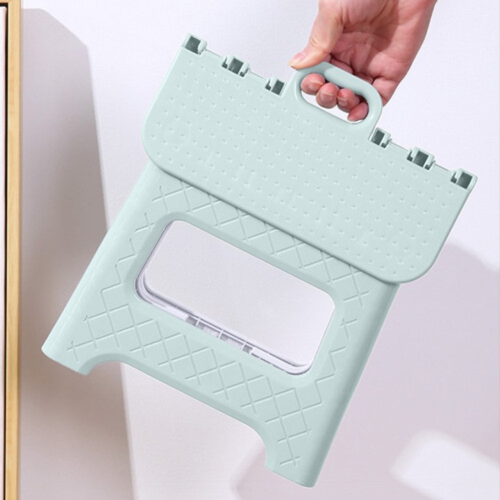 Taburet pliant, scaun portabil din plastic, usor, mecanism cu buton pentru deschidere instant, suport pana la 150 kg, Multicolor, 22x18x19.5 cm, 1 bucata