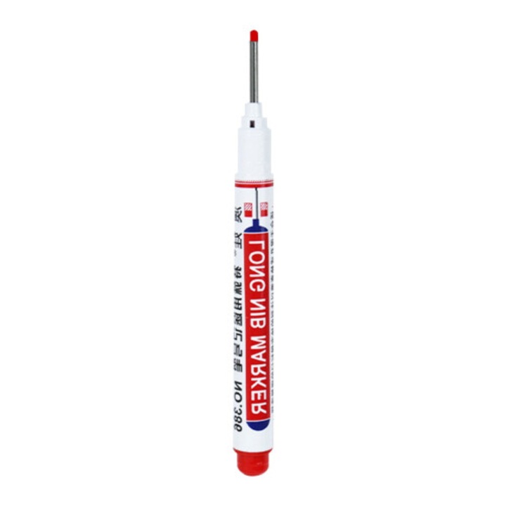 Marker/pix de marcat pentru gauri adanci, varf lung 20mm, cerneala uleioasa 5ml cu uscare rapida, rigla integrata 30mm, compatibil lemn/tigla/metal/sticla, Rosu, 1 buc, 140x9 mm