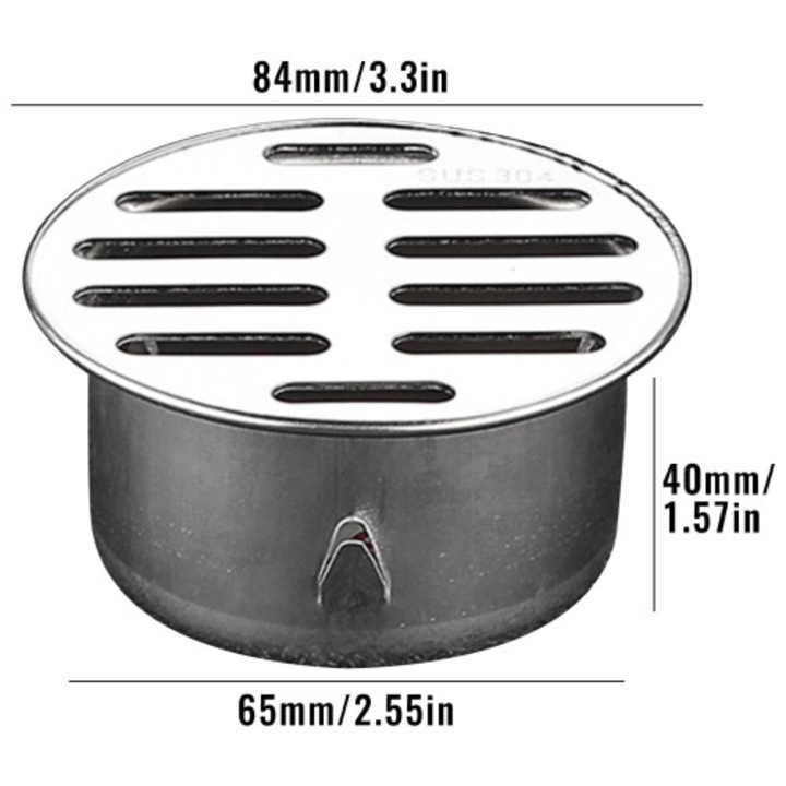 Gratar pentru scurgere pardoseala SUS 304, rotund, din otel inoxidabil 304, rezistent la sarcina, protectie impotriva insectelor si resturilor, inox lucios, 84x65x40 mm, 1 buc