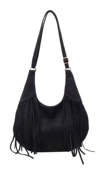 Geanta crossbody, poseta din suede sintetic, cu franjuri, bretea reglabila, buzunare interioare, negru, 20x5x20 cm