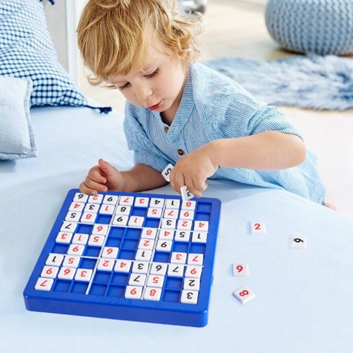 Joc Sudoku educational 9x9, joc logic cu tabla si piese numerotate, pentru copii, dezvolta gandirea si inteligenta, Albastru, 1 set