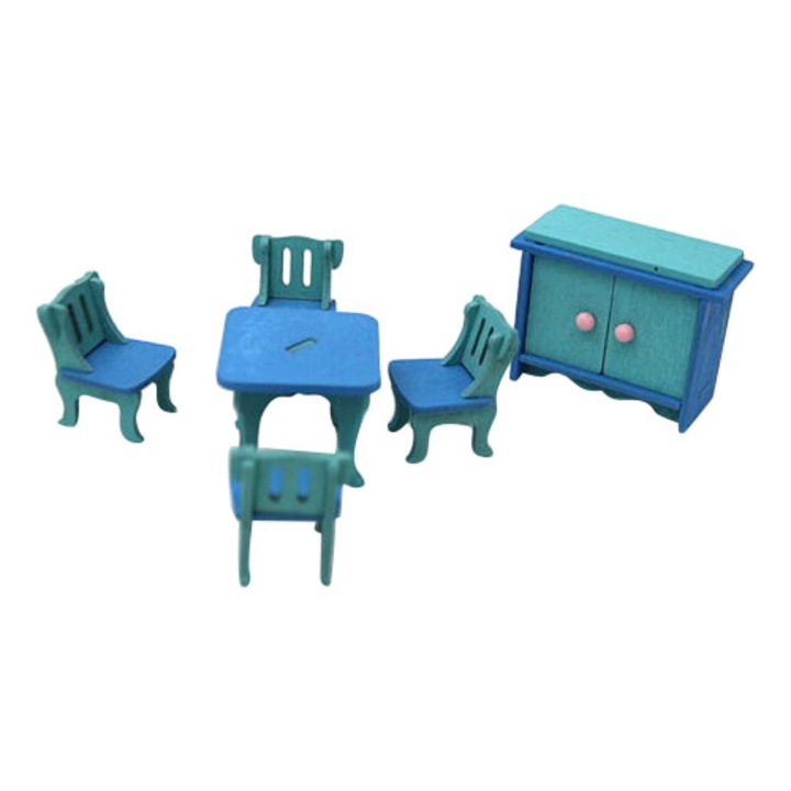 Fából készült babaház bútor szett, miniatűr bútorok fürdőszobába/nappaliba/hálószobába/konyhába, kompatibilis standard babaházakkal, kék/zöld, 1 szett
