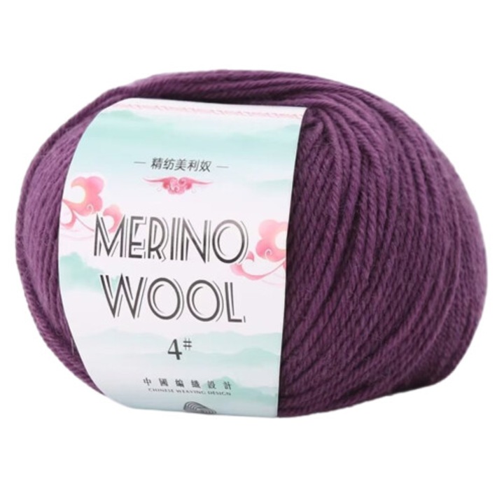 Fir de lana/fire de tricotat Merino, 80% lana/20% acrilic, greutate worsted, grosime 4mm, 134 yards (~122 m), mov, 50g (1 rola)