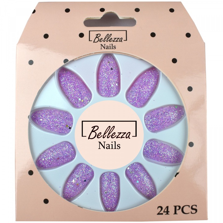 Unghii false tipsuri Bellezza Nails ZC16, cu sclipici, forma migdala, aplicare usoara cu adeziv, mov, 24 buc.