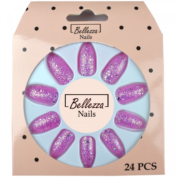 Set 24 unghii false Bellezza Nails, sclipici, migdal, 2cm, mini pila, betisoare