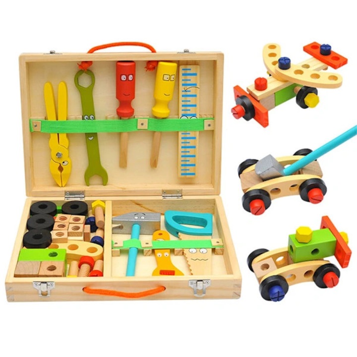 Set de constructie din lemn, cutie de unelte, educativ, multicolor, 30x20x15cm