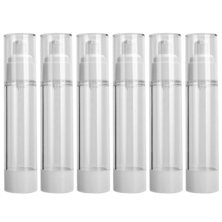6 darabos szett, Újratölthető adagoló flakon vákuumpumpával, AS/PP anyagból, testápolóhoz és gélhez, átlátszó, 6 x 50 ml