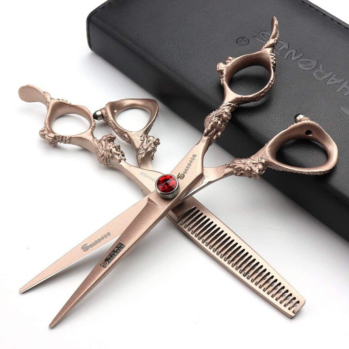 Set 2 bucati, foarfece pentru par 15 cm (6 inch), otel inoxidabil 440C, lama razor edge foarte ascutita, ergonomice cu surub ajustabil, roz-auriu, cu husa cadou