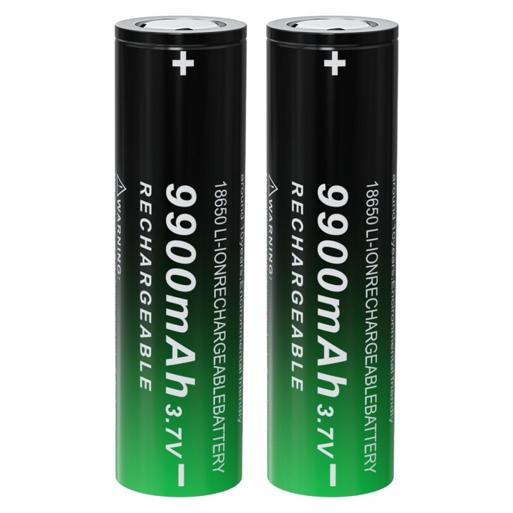 Baterie reincarcabila 18650 / acumulator plat 9900mAh 3.7V, pana la 1000 cicluri, fara efect memorie, negru/verde, 2 bucati
