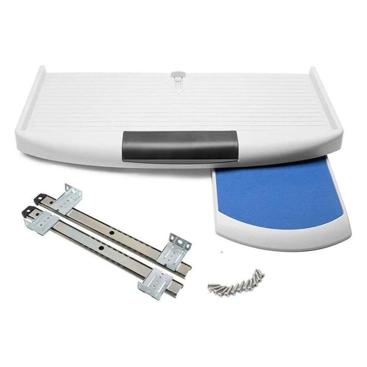 Suport tastatura sub birou, tavita ergonomica cu suport reglabil pe inaltime, tava pentru mouse rotativa 360°, suport pentru pixuri incorporat, sine glisante silentioase, alb, 1 buc