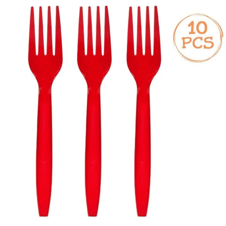 Furculite Reutilizabile din Plastic Rosu 15, 8cm - 10buc
