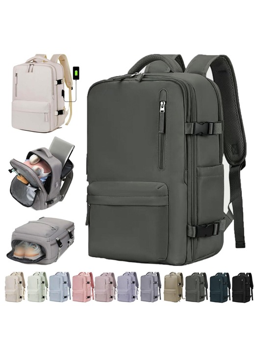 Utazótáska/hátizsák vízálló Oxford anyagból, bővíthető 35L, külső USB port, 180°-ban nyitható, cipőrekesz, erdőzöld