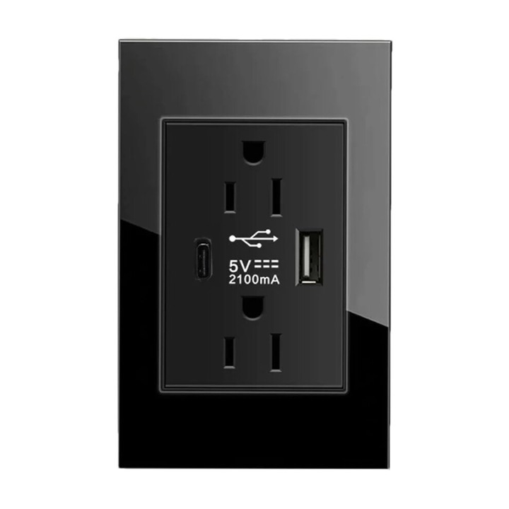 Fali aljzat fekete üvegpanellel, 220V-os aljzat és USB portok, 118x74mm