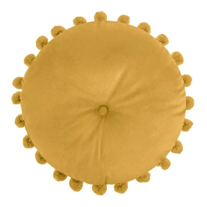 Kerek Díszpárna Bársony Mustársárga Gombbal és Pomponnal Kanapéra Ø40cm