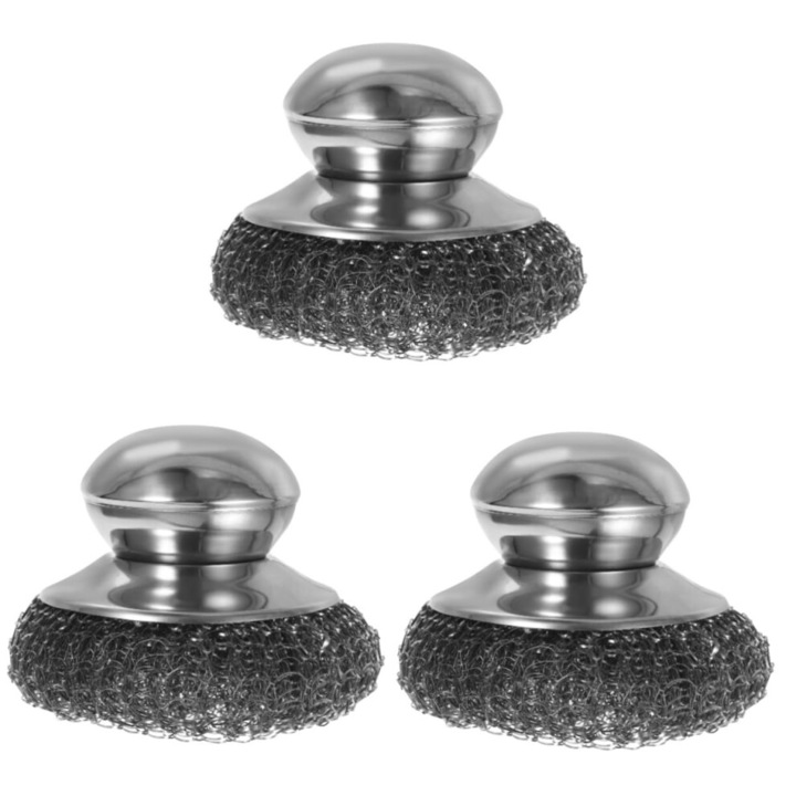 Set 3 perii curatare vase otel inoxidabil, ergonomic, argintiu, 9.3x9.3x6.5cm