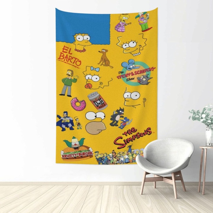 Tapiserie de perete (poster textil) Familia Simpson, imprimare HD, din poliester premium, multifunctionala pentru decor camera copii, galben, 1 buc