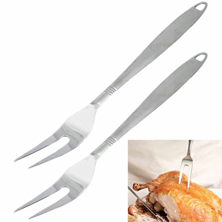 Set 2 bucati, furci de servire din otel inoxidabil, rezistente la rugina, maner periat cu cap lucios, argintiu, 13 inchi