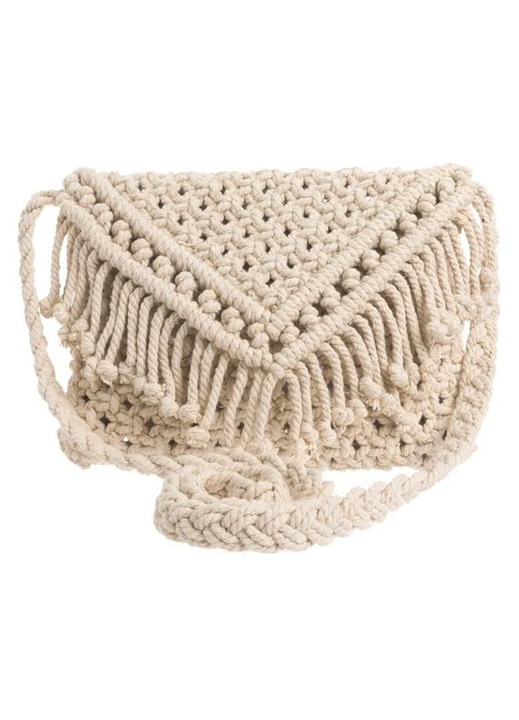 Poseta din Bumbac Crossbody cu Macrame & Franjuri 24x20cm