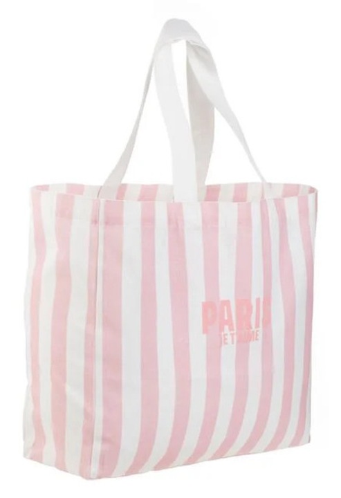 Sacosa Textila Roz Alba cu Model Dungi ”Paris Je T'Aime” 46x13x39cm