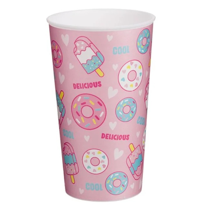 Pahar din Plastic Roz cu Imprimeu Inghetata & Donuts 650ml