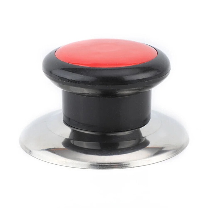 Fedőfogantyú (gomb) edényhez, műanyagból, rozsdamentes acél alappal és rézmagos csavarral, ergonomikus és hőálló, fekete/piros, 2 darab