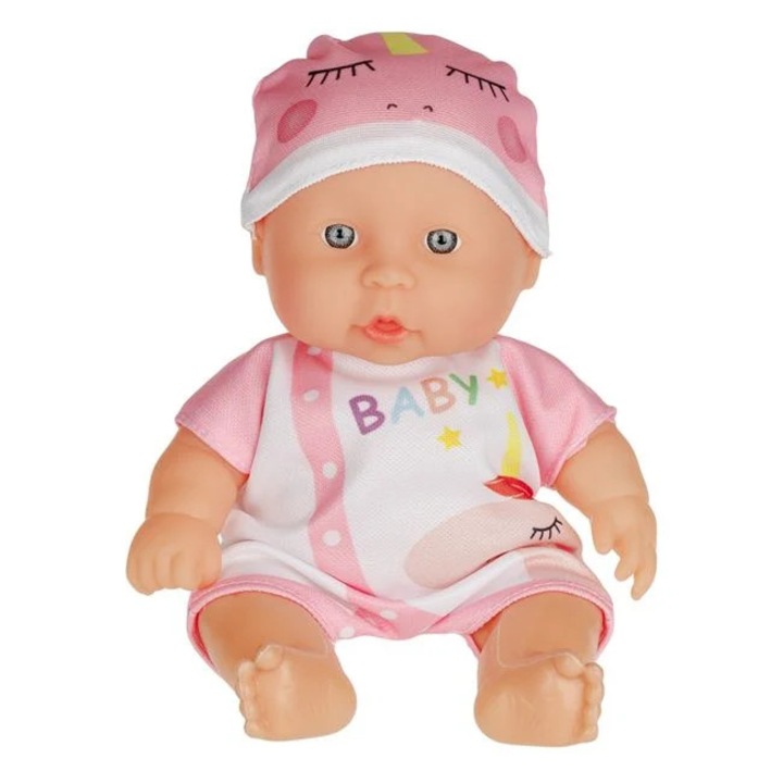 Baba baba rózsaszín-fehér unikornis overállal 22cm