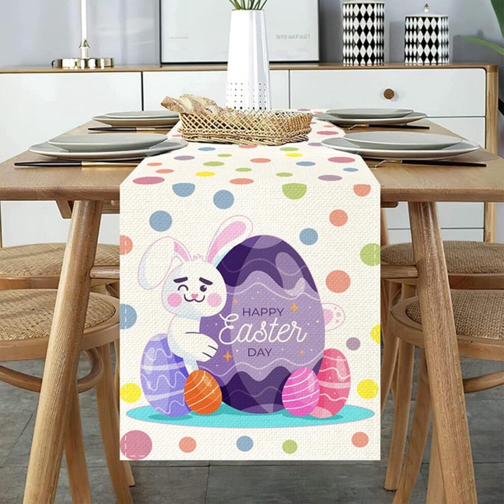 Fata de masa din in, 60x120cm, iepure si oua de Paste, gnom holiday