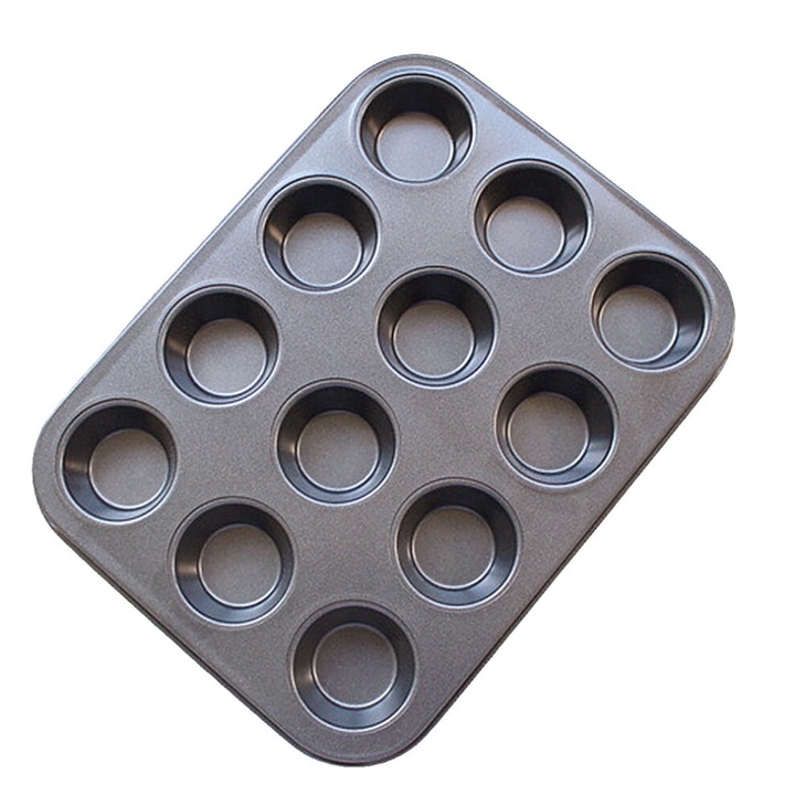 Mini muffin és mini brióssütő tepsi, szénacél bevonattal, tapadásmentes réteg, magas hőmérsékletnek ellenálló, szürke, 12 üreg, 26.5x18.5x2 cm