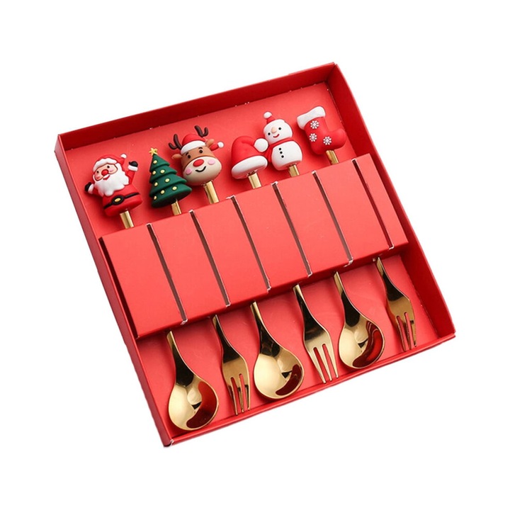 Set 6 tacamuri din otel inoxidabil alimentar cu decoratiuni de craciun, in cutie cadou, auriu/rosu, 6 x 15.5 cm