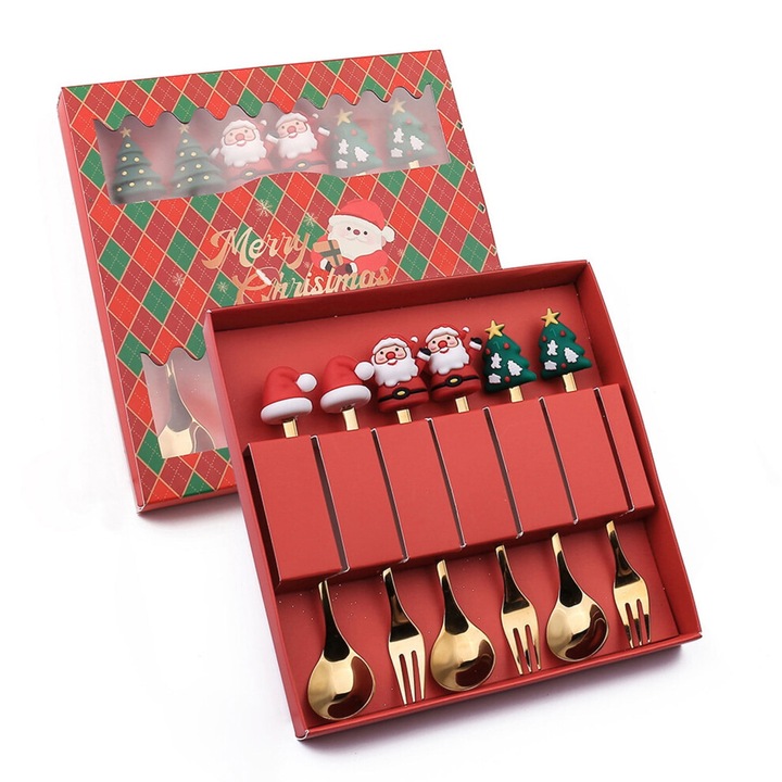 Set tacamuri Craciun 6 piese, inox, decor festiv, 3 furculite 3 linguri