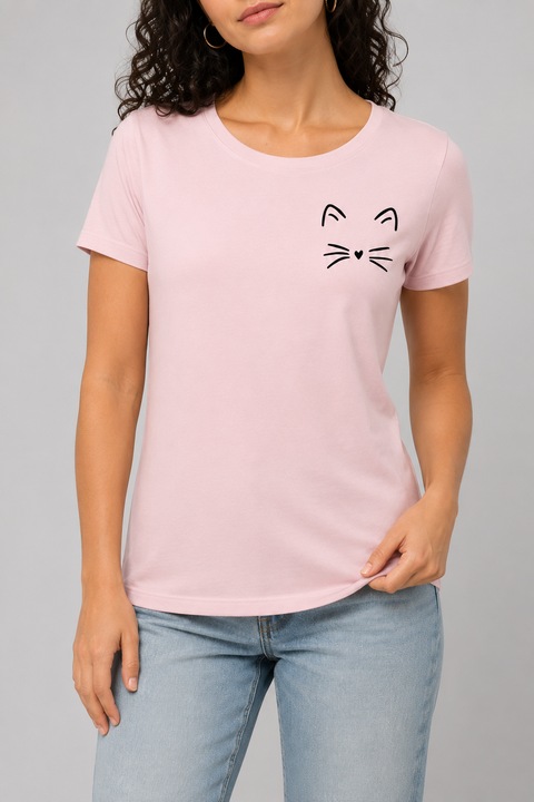 Tricou dama Pisica cu Inimioara, Roz pal