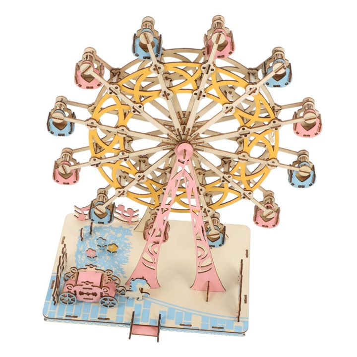 Fából készült óriáskerék puzzle, 3D DIY modell, natúr, előre vágott, 30x30x30cm