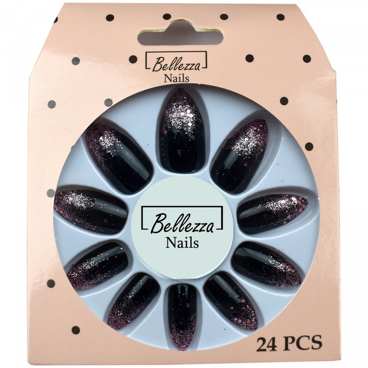 Bellezza Nails, Set tipsuri unghii false din plastic cu sclipici, model ZJ17 – 24 bucati, negru cu sclipici mov, marimi diferite