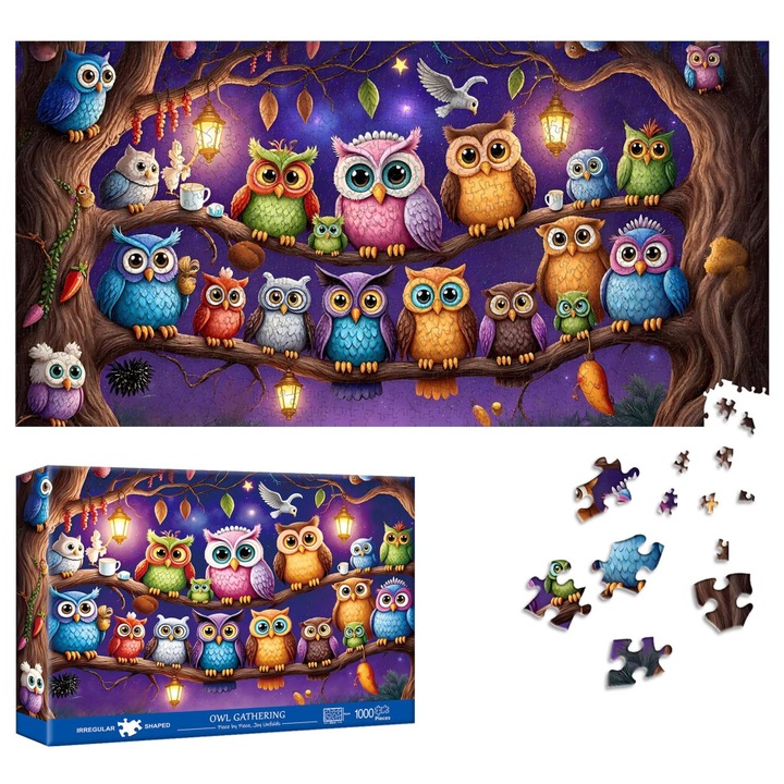 Puzzle, Baglyok Éjszakai Gyülekezete, különleges forma szabálytalan vágásokkal, egyenes élek nélkül, kódolt hátlap opcionális segítséghez, Többszínű, 1000 darab, 41x80 cm