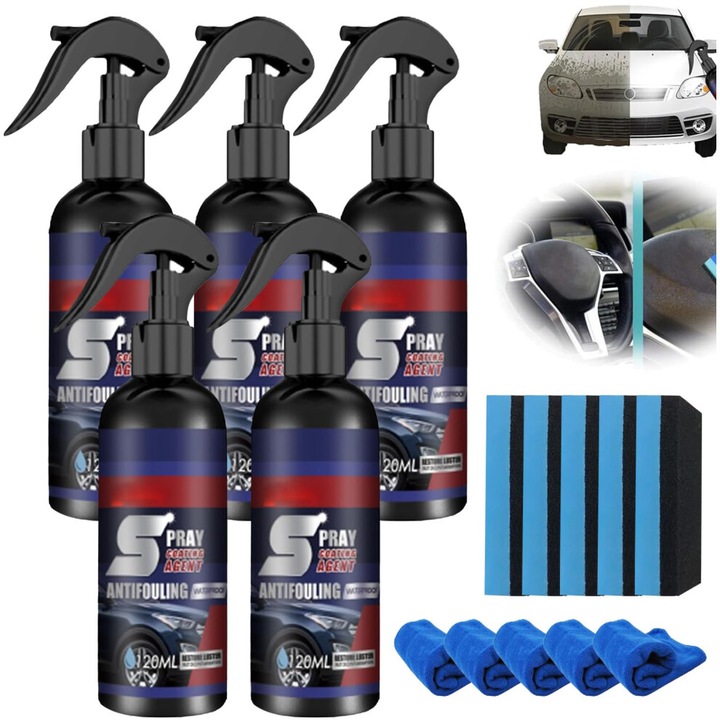 Set 5 bucati, spray ceramic 3 in 1 pentru auto, agent de acoperire nanotehnologic, hidrofobic, restaurare plastic si spalare fara apa, negru, 5 x 120 ml