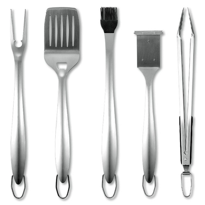 Set 5 piese ustensile gratar inox, maner 40cm, portabil
