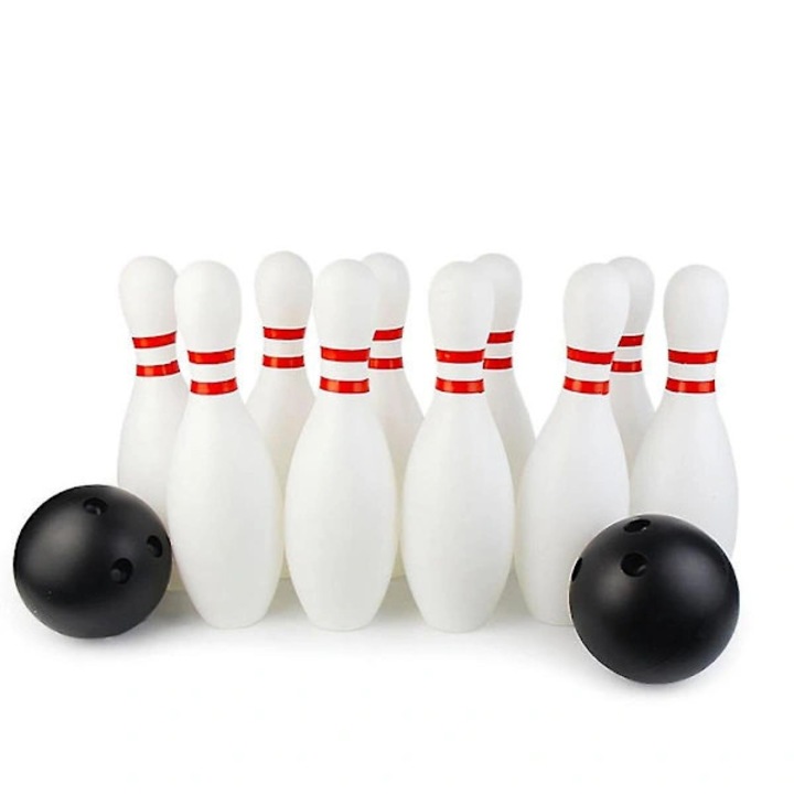 Set 12 bucati popice de bowling din plastic cu bile, jucarie educationala pentru copii, pentru interior si exterior, Alb, 10 popice + 2 bile, inaltime popica 16 cm, diametru bila 7 cm