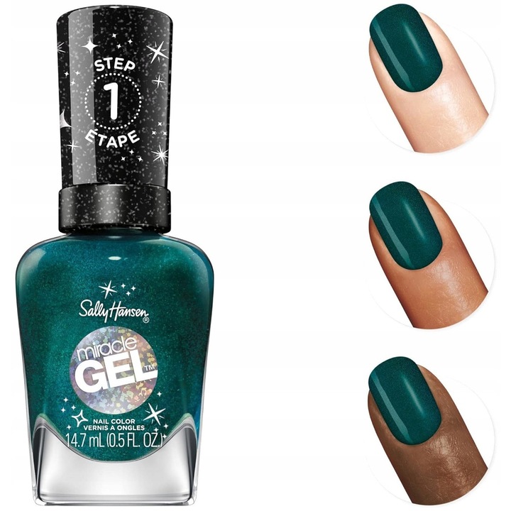 Lac de unghii/oja Sally Hansen Miracle Gel, fara lampa UV/LED, rezistent la ciobire, acoperire 1-2 straturi, verde smarald (Shine Bright 915), 14.7 ml