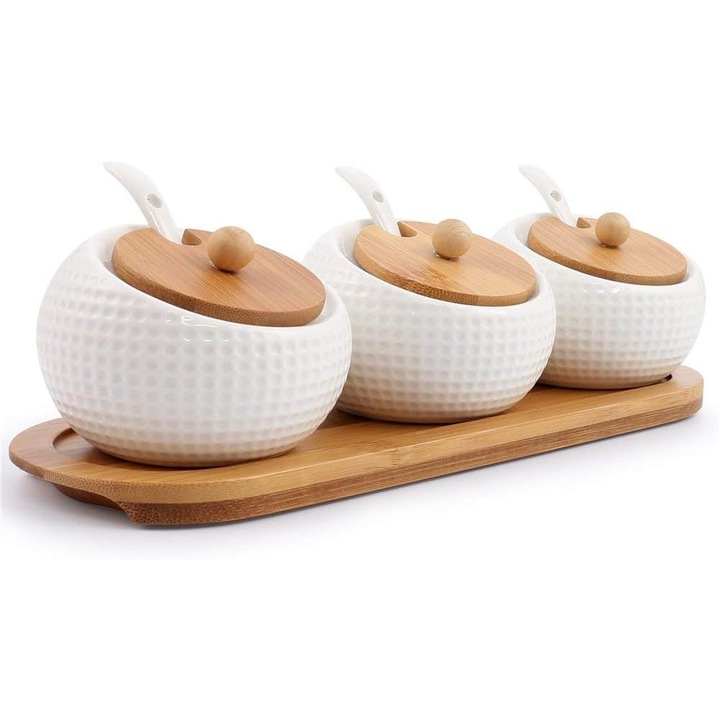 Set 3 borcane ceramica textura golf alb crem cu capac bambus si tava 31.5x18x17.5cm