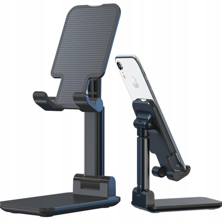 Suport birou/stativ pentru telefon si tableta Koanni hol25, universal, aluminiu extensibil cu telescop, placa acrilica, picioare din silicon antiderapante, Negru, 1 buc.
