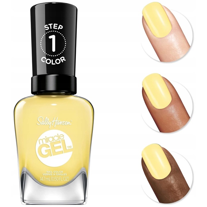 Lac de unghii (oja) Sally Hansen Miracle Gel, efect gel fara lampa UV/LED, rezistent la ciobire, Galben Sunbrella 768, 14.7ml
