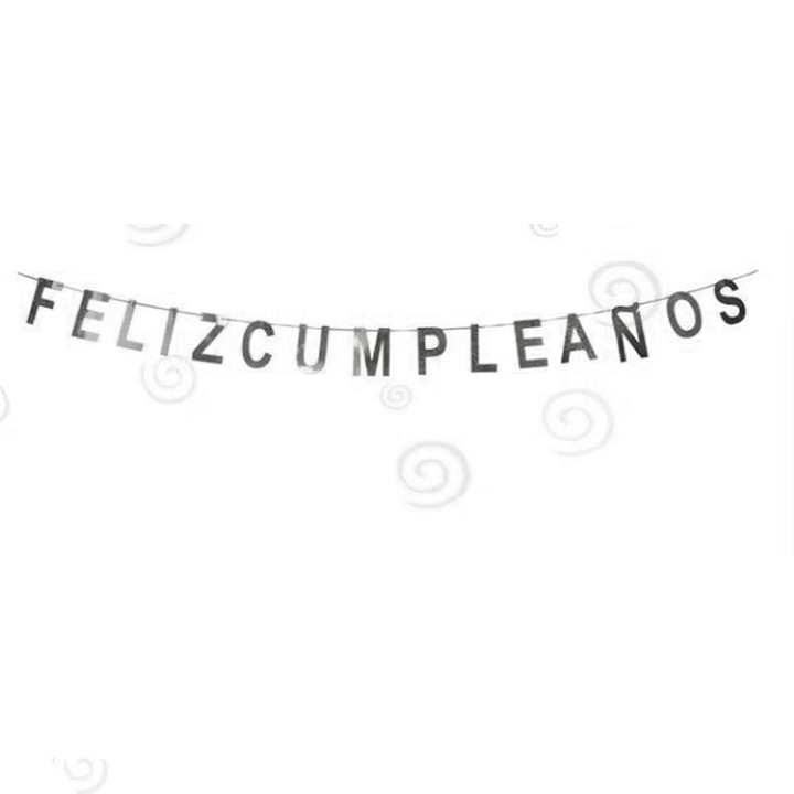 Декоративен гирлянд за рожден ден FELIZ CUMPLEANOS, лъскав, лесен за окачване, сребрист