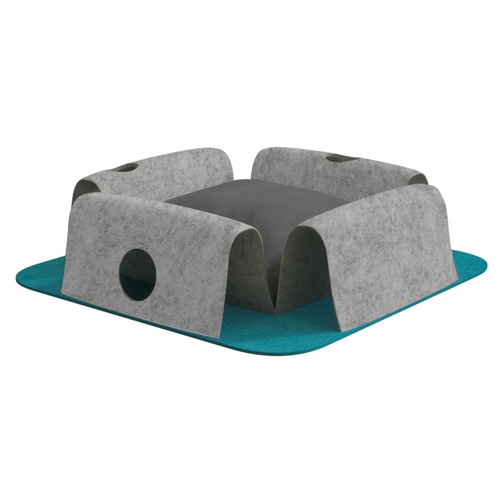 Refugiu pentru pisici, Pillow Palette, cuib 2-in-1 pliabil cu tunel si perna detasabila, poliester, lavabil la 30°C, gri/turcoaz, 68,5 x 68,5 cm