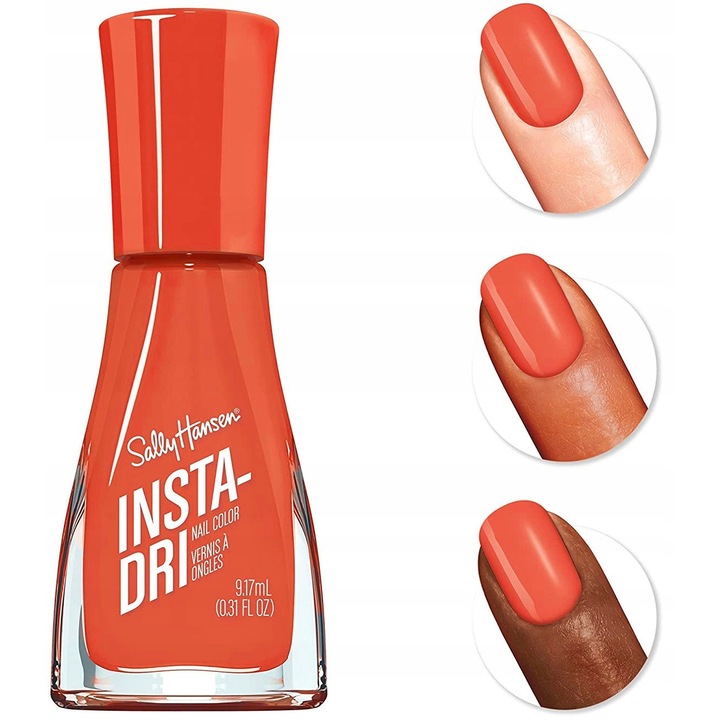 Lac de unghii (oja) Sally Hansen Insta Dri, uscare rapida in 60 de secunde, pensula lata pentru aplicare precisa, finisaj lucios, corai (Catch Me If You 350), 9.17 ml