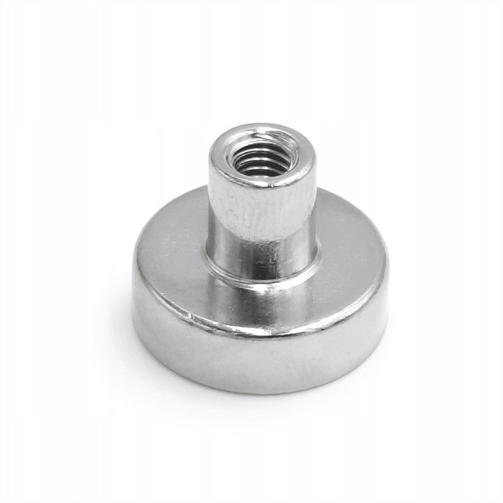 Mágnes neodímium Hunter D16 x H5 mm, belső M4 menet, tapadási kapacitás ~8 kg, N45 osztály, NiCuNi korróziógátló bevonat, ezüst, 1 db